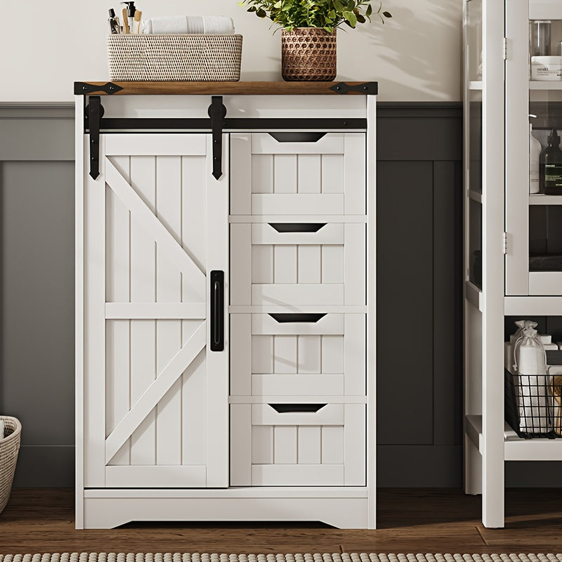 Farmhouse Bathroom Floor Storage Cabinet | 4 Small Drawers for Easy Sorting, Hardwood, White, VABCHES