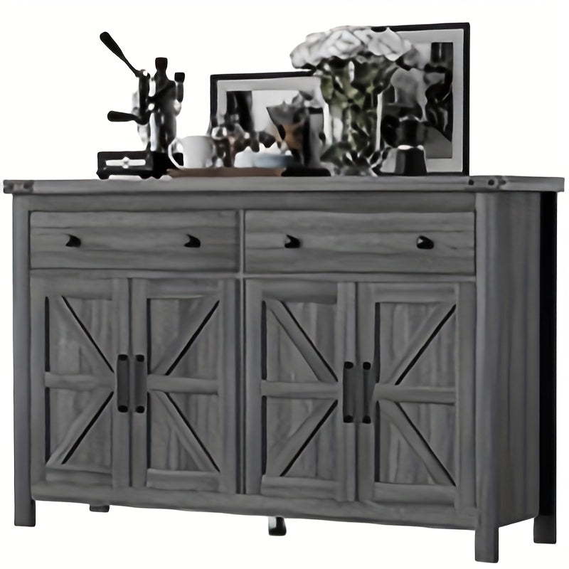 55-Inch Sideboard Buffet Cabinet Featuring Storage, a Coffee Bar with Two Drawers And Four Barn Doors, a Long Storage Cabinet in a Modern Farmhouse Style, Made of White Wood, Suitable for The Kitchen, Dining Room, Or Living R