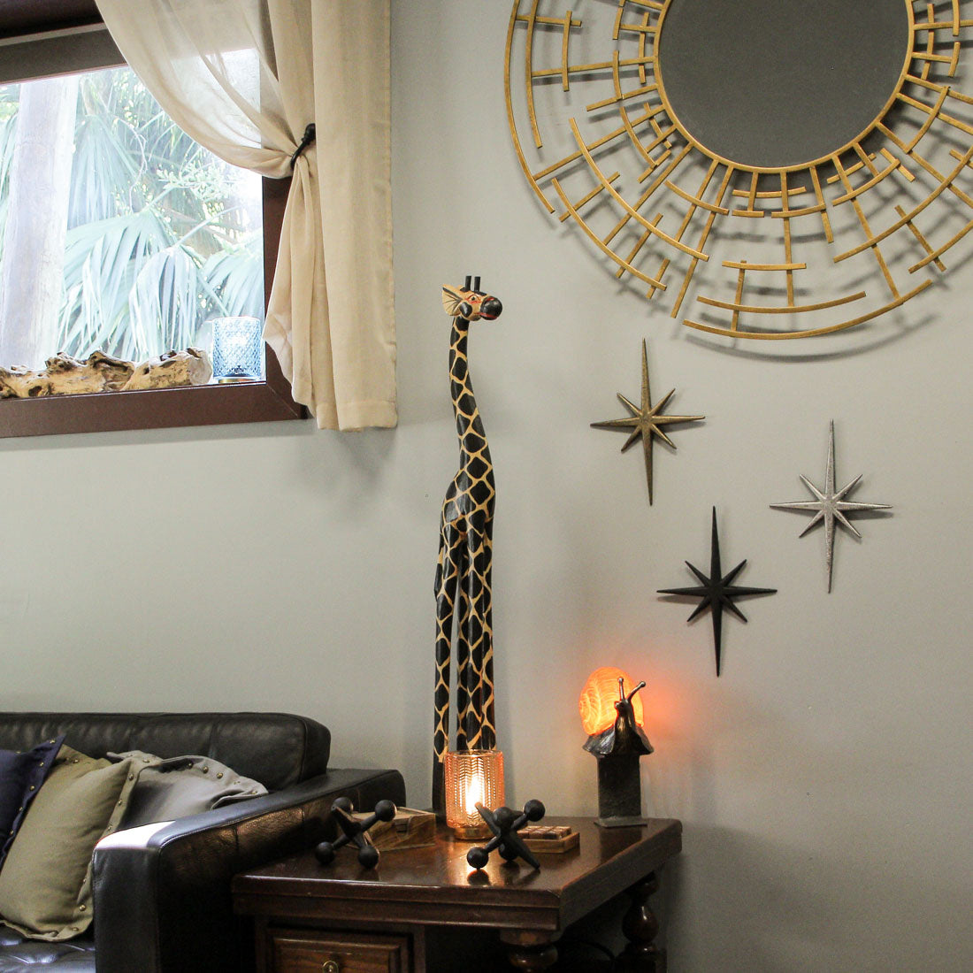 Hand-Carved 36" Tall Hand-Stained Brown Wood Giraffe Sculpture, A Striking Safari Home Decor Accent