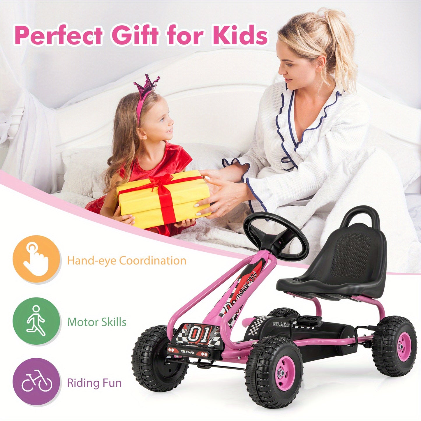 COSTWAY Kids Pedal Go Kart, Outdoor Pedal Powered Pedal Car for Children w/ Handbrake, Ergonomic Adjustable Seat & 4 Wheels, Ride on Vehicle for Kids Ages 3+, Gift for Boys & Girls, Pink, Tricycle for, Tricycle for Kids, Outd