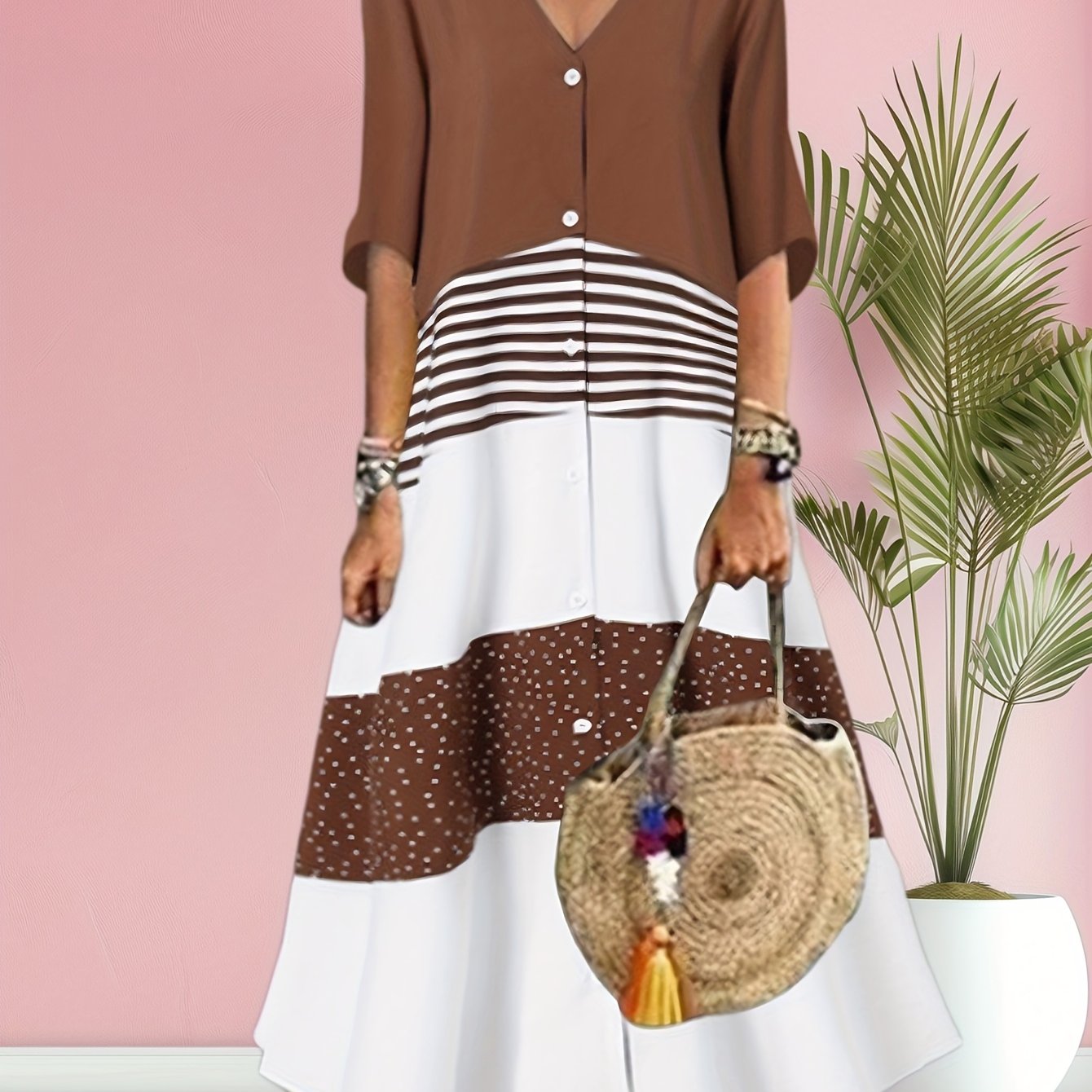 Plus Size, Oversized Women's V-neck Short Sleeved Printed Dress, Button Casual Contrasting Mid Length Skirt