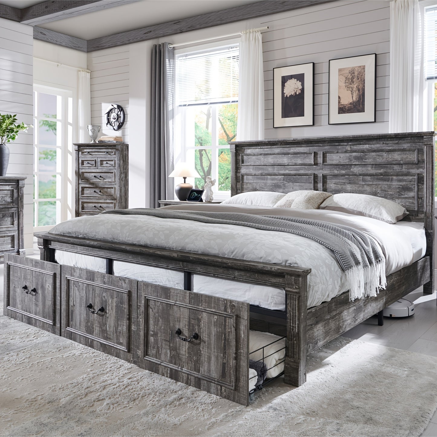 Farmhouse King Size Bed Frame with 51" Tall Headboard, Wood Platform Bed Frame with 20" Tall Roman Column Decoration Footboard & 3 Large Storage Drawers, No Box Spring Needed