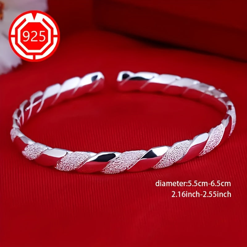 925 Sterling Silvery Elegant Twisted Cuff Bracelet for Women, Hypoallergenic Open Bangle with Textured Matte Finish, Versatile Chic Jewelry for Daily Wear, Festivals, Christmas