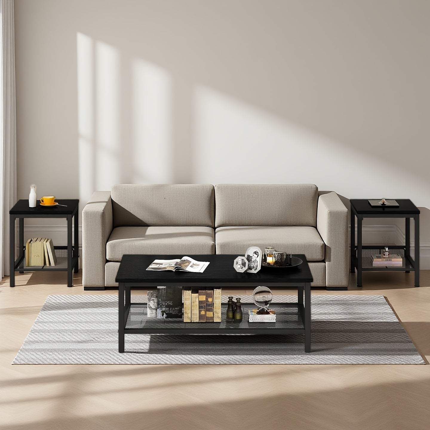 Industrial Coffee Table, Coffee Table Set Of 3 with 2 Square End Side Tables, Faux Marble Coffee Table with Metal Frame for Apartment Home Office, White Black