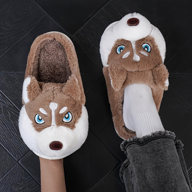 Unisex Husky Dog Slippers for Men & Women, Winter Warm Indoor/Outdoor Shoes, Slip-Resistant