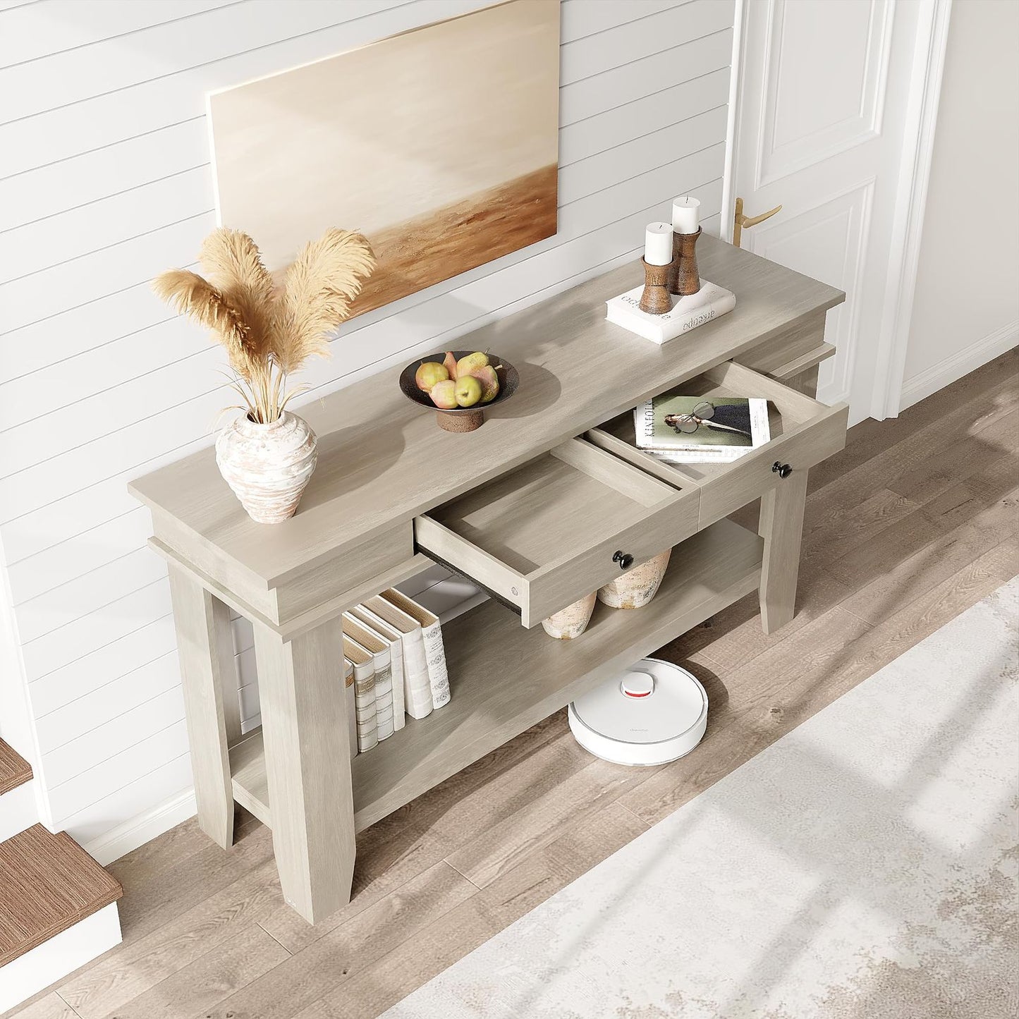 54 Inch Modern Farmhouse Entryway Console Table | 2 Drawers and 2-Tier Storage Shelf, Narrow Long Sofa Table for Hallway or Behind Couch, Reinforced L-Shape Legs, Grey, Hardwood, Classic Style by GAOMON
