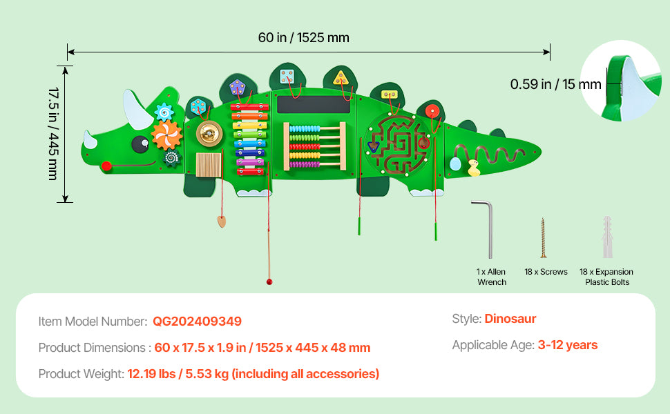 SucceBuy Dinosaur Kids Busy Wall Board 11 Activity Panels Montessori Sensory Learning Toys for Toddler Playroom Toy Gift