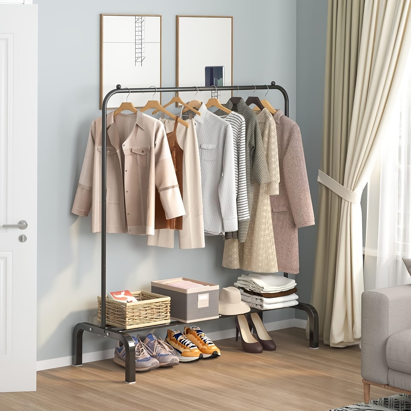 Heavy-Duty Alloy Clothing Rack with Bottom Shelf - Freestanding Garment Rack Suitable for Shirts, Jeans, Coats - Heavy-Duty Clothes Hanger with Storage Shelf, Retail/Commercial/ Use, Easy Assembly, Space-Saving Design