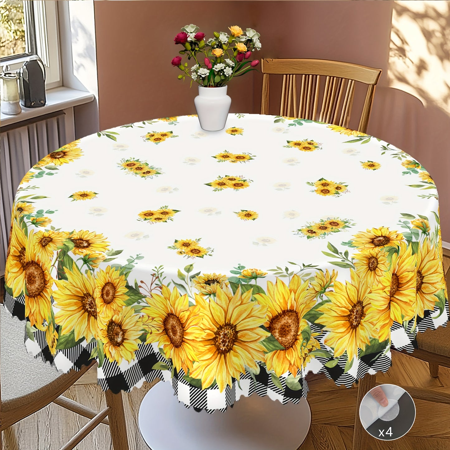 1pc Tablecloth+4pcs Anti Slip Stickers, Floral Themed Printed Tablecloth, Farmhouse Style, Blooming Sunflowers Design, Wedding Season, Anniversary, Mother's Day, Camping Picnics, Party Decor, Kitchen Accessories, Room&Outdoor