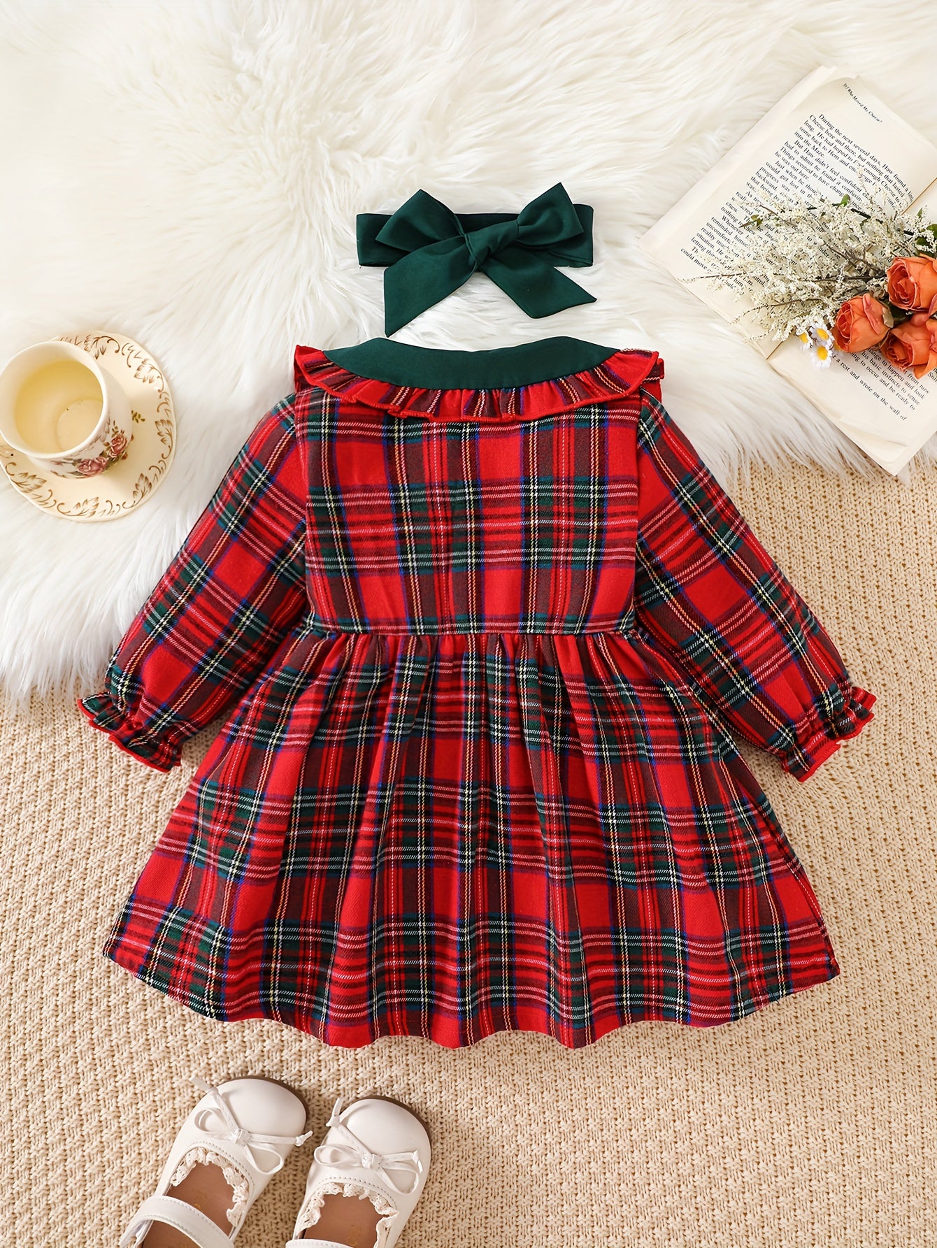 Red Plaid Christmas Party Dress with Detachable Headbow & Belted Waist - Long Sleeve A-Line Mid-Length Holiday Gown, Machine Washable Cute Outfit for Xmas Pageants, Family Photos & Winter Celebrations - Festive Gift for Young