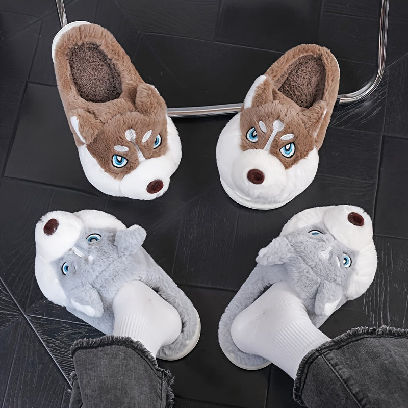 Unisex Husky Dog Slippers for Men & Women, Winter Warm Indoor/Outdoor Shoes, Slip-Resistant