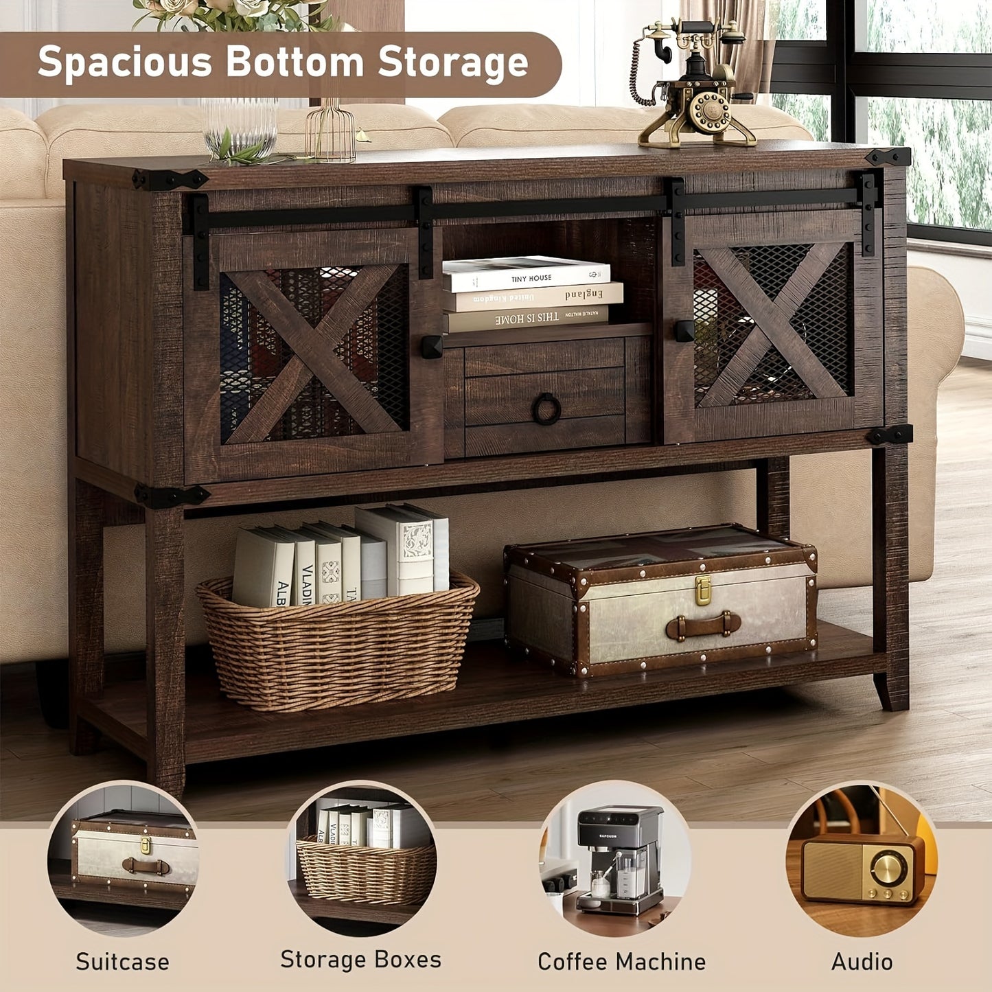 Farmhouse Entryway Table with 2 Sliding Barn Doors & Drawer, 46'' Rustic Console Table with Storage, Open Shelf Space, Industrial Sofa Table for Living Room, Entryway, Hallway,