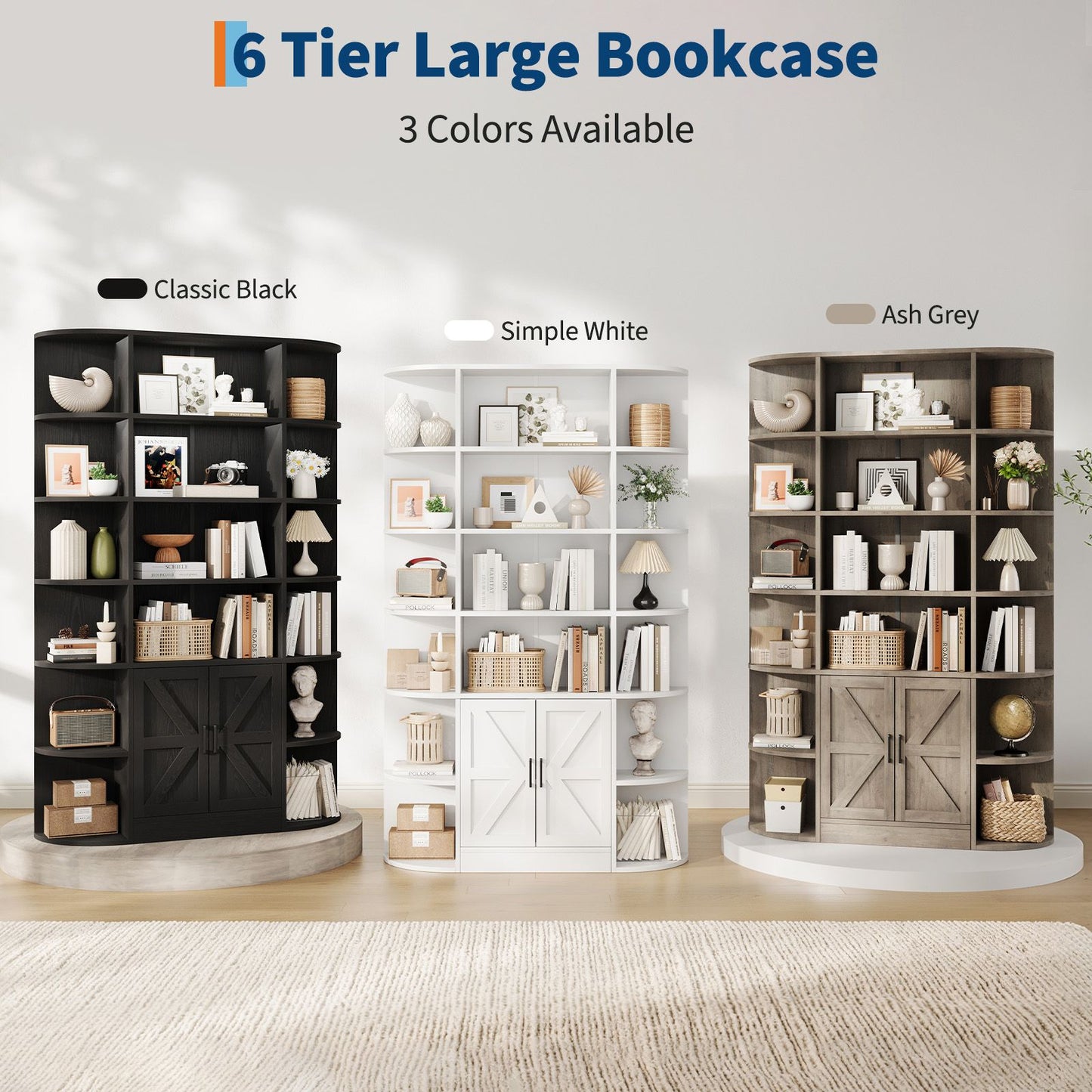 FurniStyle 75-inch Tall Grey 6-Tier Bookcase with Black Accents | Adjustable Shelves, Doors, Anti-Tip Hardware, Freestanding Hardwood Construction for Living Room, Office, or Bedroom Storage
