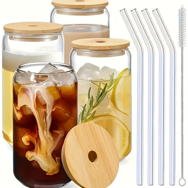 4/6pcs, Glass Cup, 18.7oz/550ml Glass with Lid And Straw, Mason Jar Water Cup, Iced Coffee Cup, Glass Cup with Lid