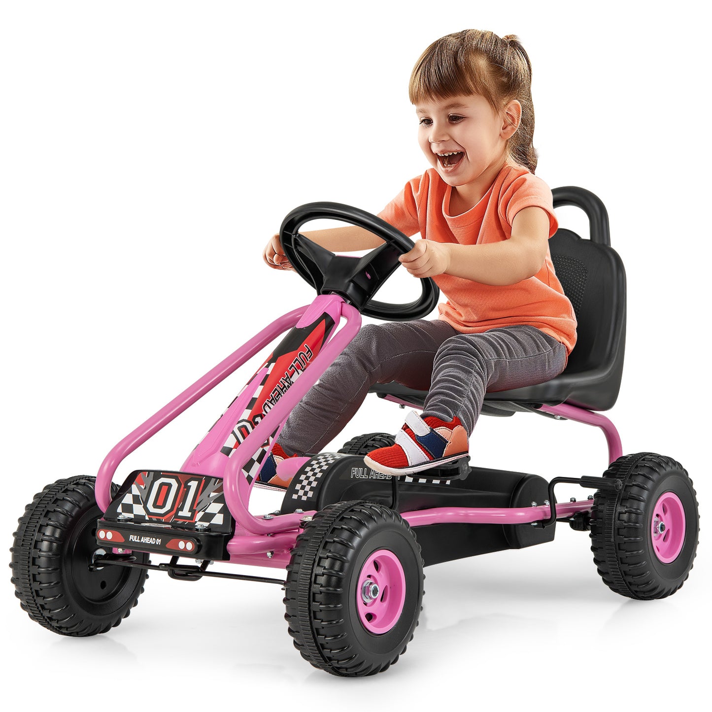 COSTWAY Kids Pedal Go Kart, Outdoor Pedal Powered Pedal Car for Children w/ Handbrake, Ergonomic Adjustable Seat & 4 Wheels, Ride on Vehicle for Kids Ages 3+, Gift for Boys & Girls, Pink, Tricycle for, Tricycle for Kids, Outd