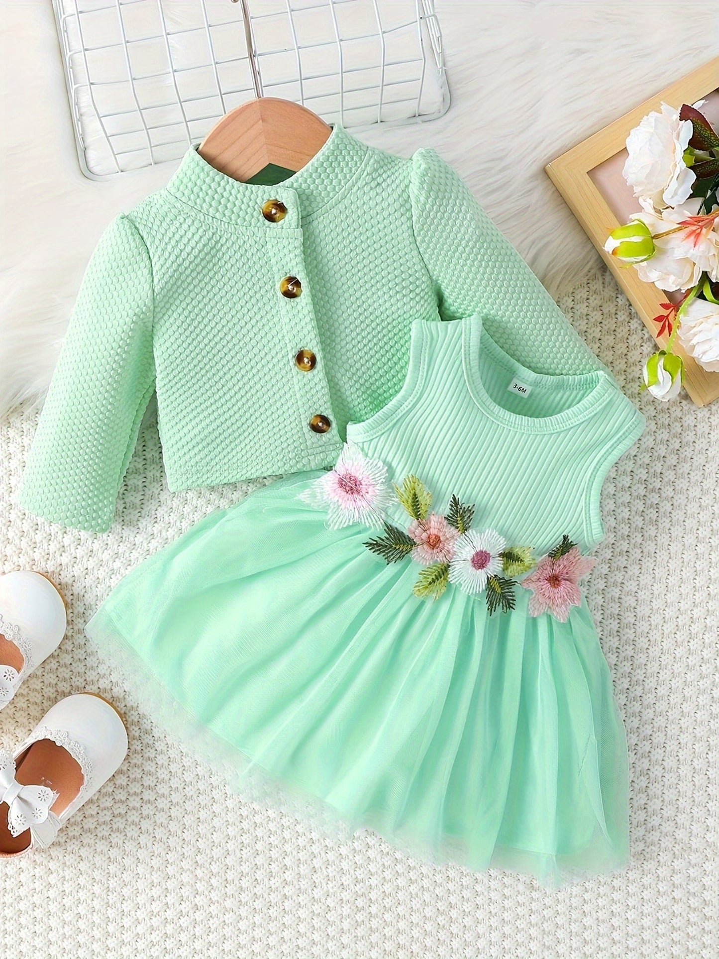 Baby Girl Fall Outfit, Long Sleeve Cardigan Coat Flower Embroidery Tulle Tank Dress 2pcs Set, for Outdoor