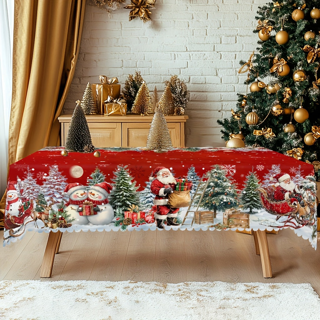 1pc Merry Christmas Themed Red Printed Tablecloth, Farmhouse Style, Santa Claus, Snowman, Snow Scenery Design, Christmas, New Year Gatherings, Parties Decor, Kitchen Accessories, Room&Outdoor Decor, Gift to Friends, Rectangul