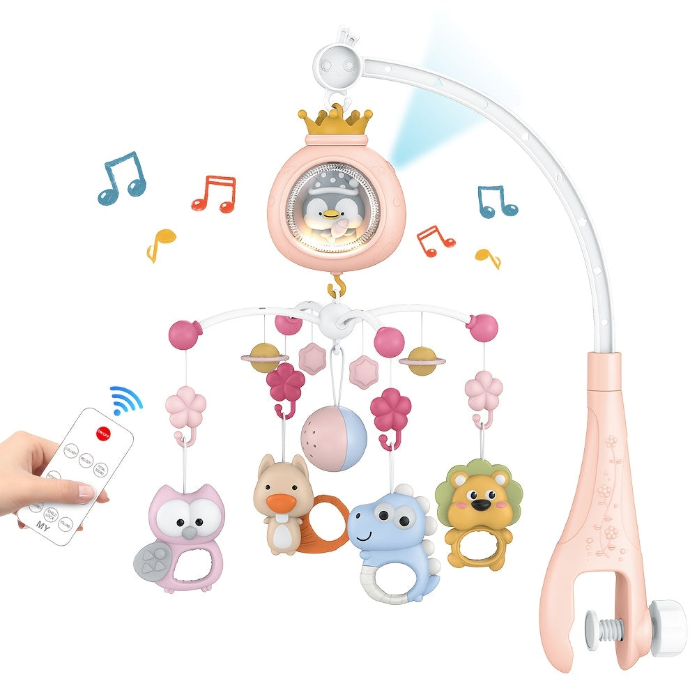 Baby Musical Crib Mobile with 150 Lullabies & Remote Control, Rotating Bed Hanging Toy with Soothing Lights & 150 Melodies, Bedside Mobile for 0-36 Months, Pink/Gray/Blue (Easy Install, Durable Plastic)