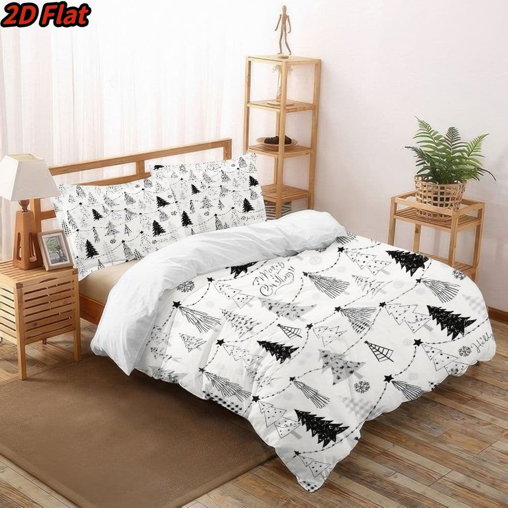 3pcs 2D Flat Christmas Tree Pattern Duvet Cover - Winter Holiday Themed Bedding, Black White Sketch Design, Soft Microfiber Fabric, Zippered Closure, Easy Care Washable Comforter for Bedroom Decor, All-Season 1100% polyester