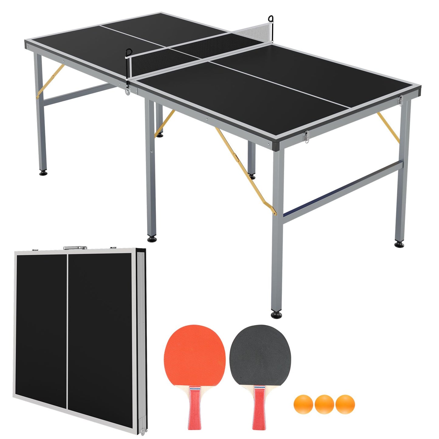 Portable 6x3ft Ping Pong Table Set in Black - All-Weather Design for Indoor and Outdoor Use, Includes Net, 2 Paddles, 3 Balls, Easy Storage