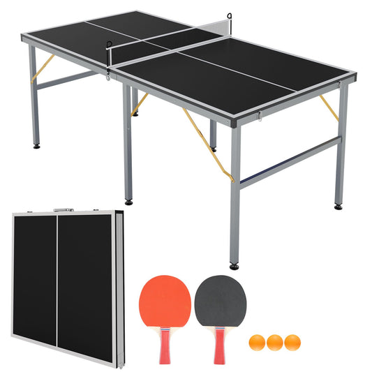 Portable 6x3ft Ping Pong Table Set in Black - All-Weather Design for Indoor and Outdoor Use, Includes Net, 2 Paddles, 3 Balls, Easy Storage