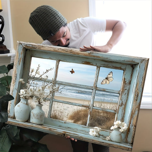 2D Flat, 1pc Vintage Coastal Beach Window Canvas Wall Art - Open Window Illusion Framed Painting with Turquoise Waters, Sand & Butterflies - Large 15.75x23.62 Inch (40x60cm) Ready-to-Hang Decor for Living Room, Bedroom, Kitch