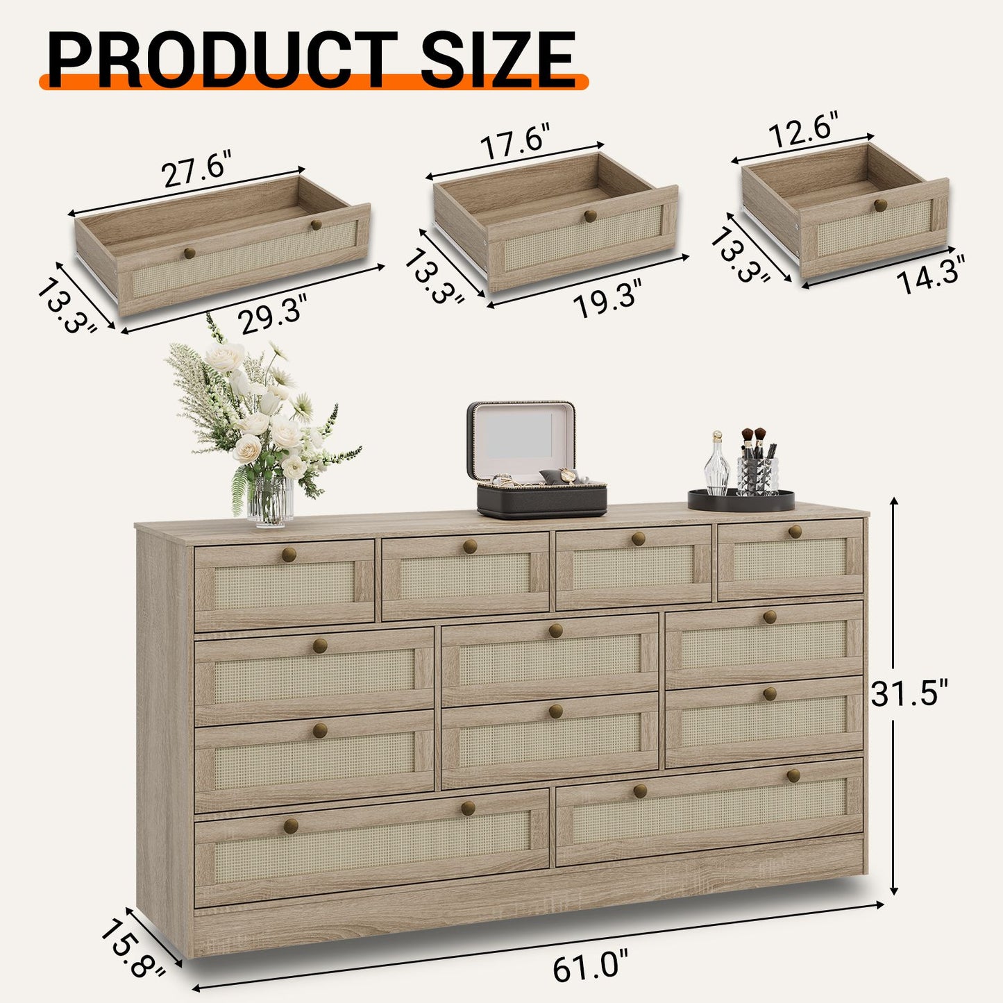 12-Drawer Chest of Drawers with Woven Rattan Design | 61.02x15.75x31.5 inch, Stylish and Spacious Hardwood Storage Cabinet for Home Room Decor, Christmas Decorations, Birthday Gifts for Women Men Friends, Contemporary Style b