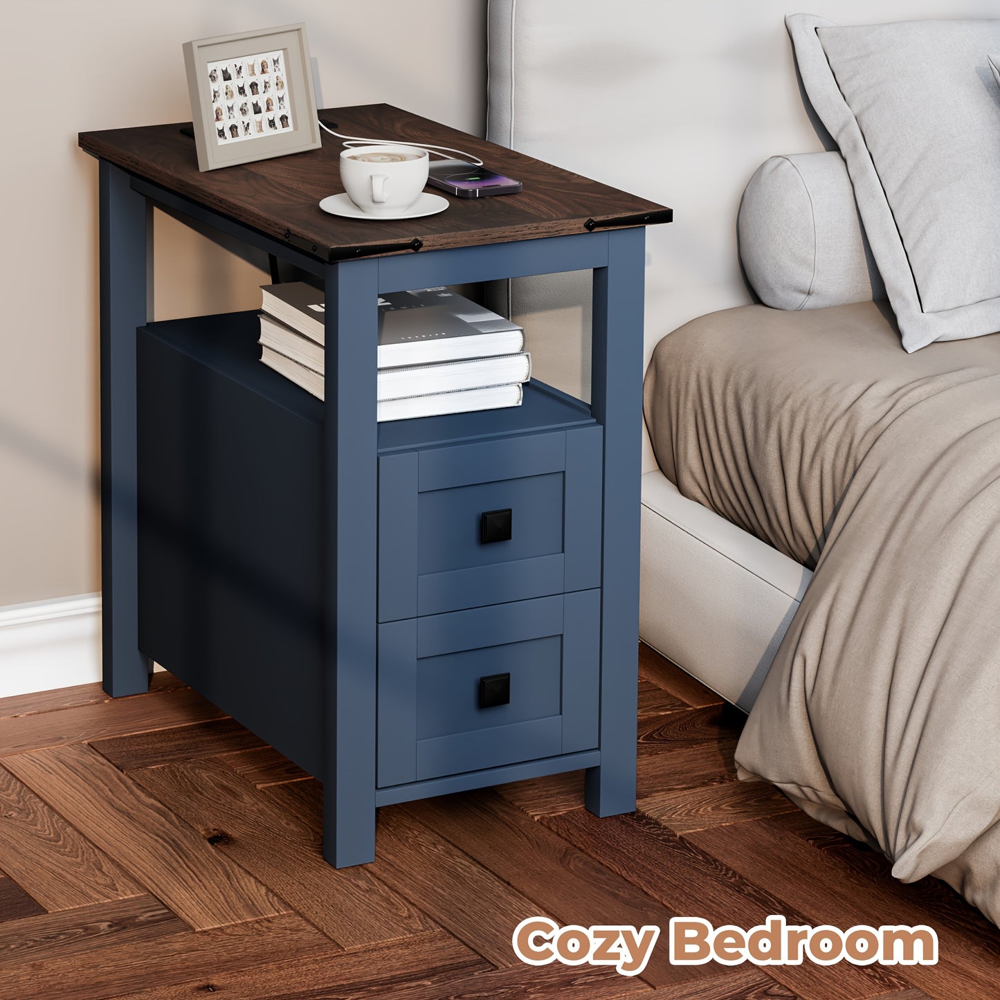 2-Drawer Slim Space-Saving Retro Coffee Table Suitable for Small Spaces - Narrow Sofa Side Table & Bedside Table with Drawers, Assembly, Modern Minimalist Design for Living Room, Bedroom or Office (Available in White/Blue/Che