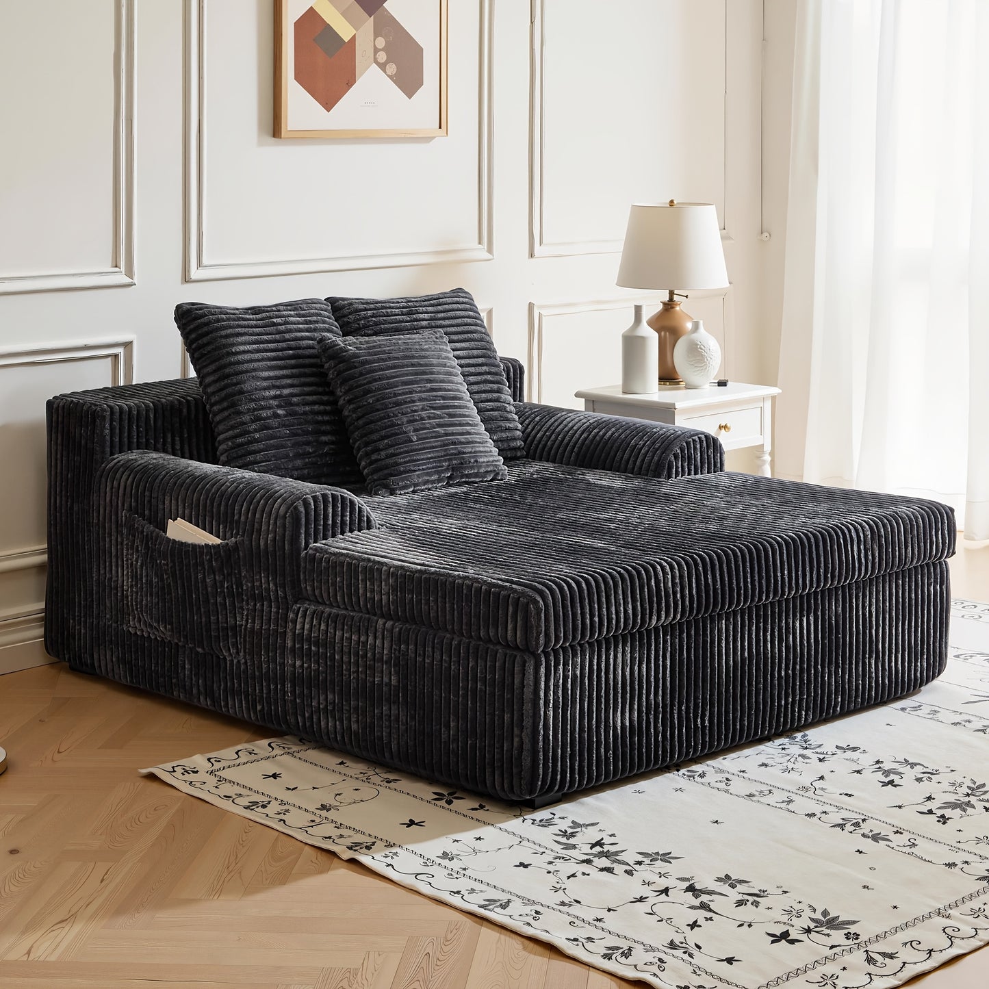 Chaise Lounge Chair Indoor, Corduroy Upholstered Deep Seat Sofa Couch, Cloud-Soft Boneless Lounger, Comfy Reading Chairs For Living Room & Bedroom, No Assembly Required