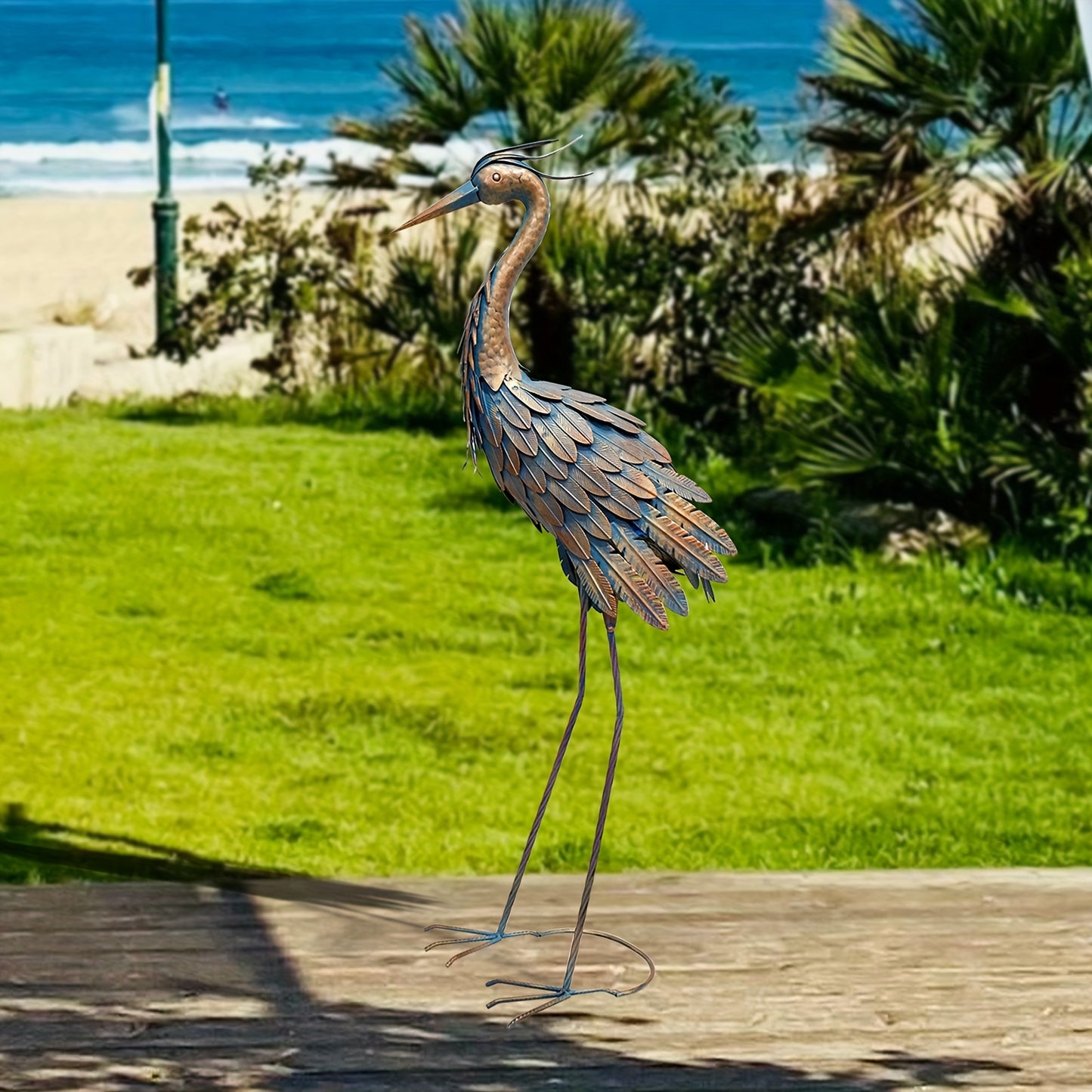 1pc 38-inch Metal Heron Garden Statue - Rustic Outdoor Bird Sculpture with Vibrant Blue & Copper Finish, Durable Yard Art Decor for Garden, Backyard, Patio, Porch - Thanksgiving & Spring Summer Decoration, No Electricity Need