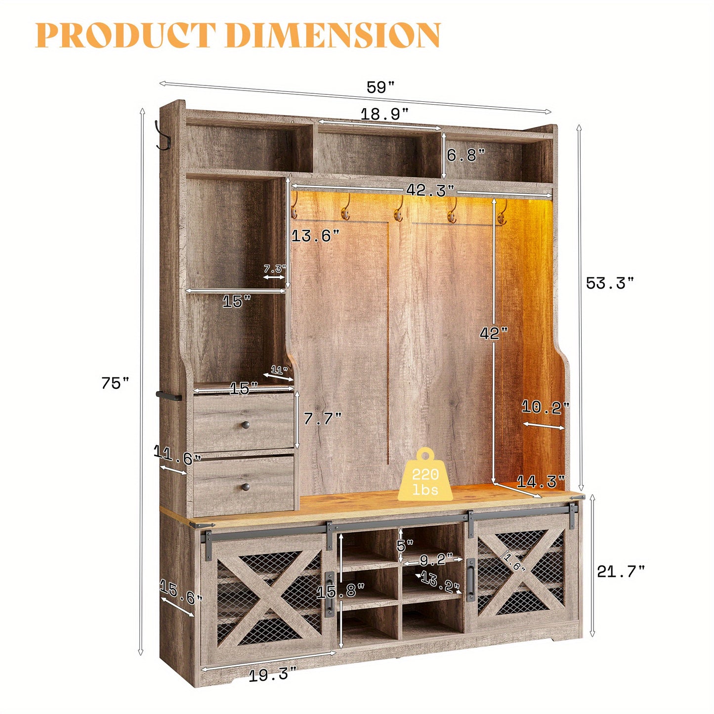 7-in-1 Farmhouse Hall Tree with Bench and Shoe Cabinet, LED Entryway Organizer with Drawers, 12 Shoe Cubbies& Barn Doors, 7 Coat Racks with Shoe Storage