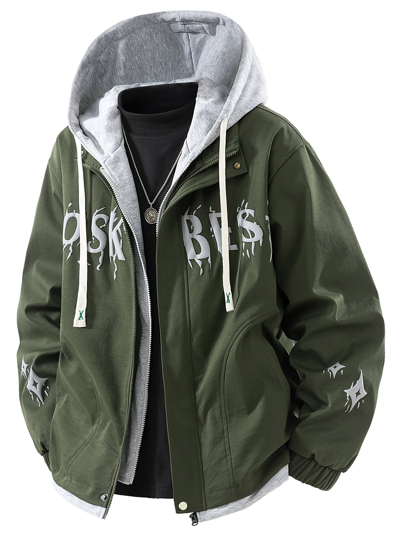 Men'S Urban Fashion: A Large, Color-Blocked Hooded Jacket Featuring Striking Text And a Faux Layering Style, Along with a Spring Crewneck Sweatshirt Designed to Look Like a Two-Piece, And a Casual Zip-Up, Plus Size