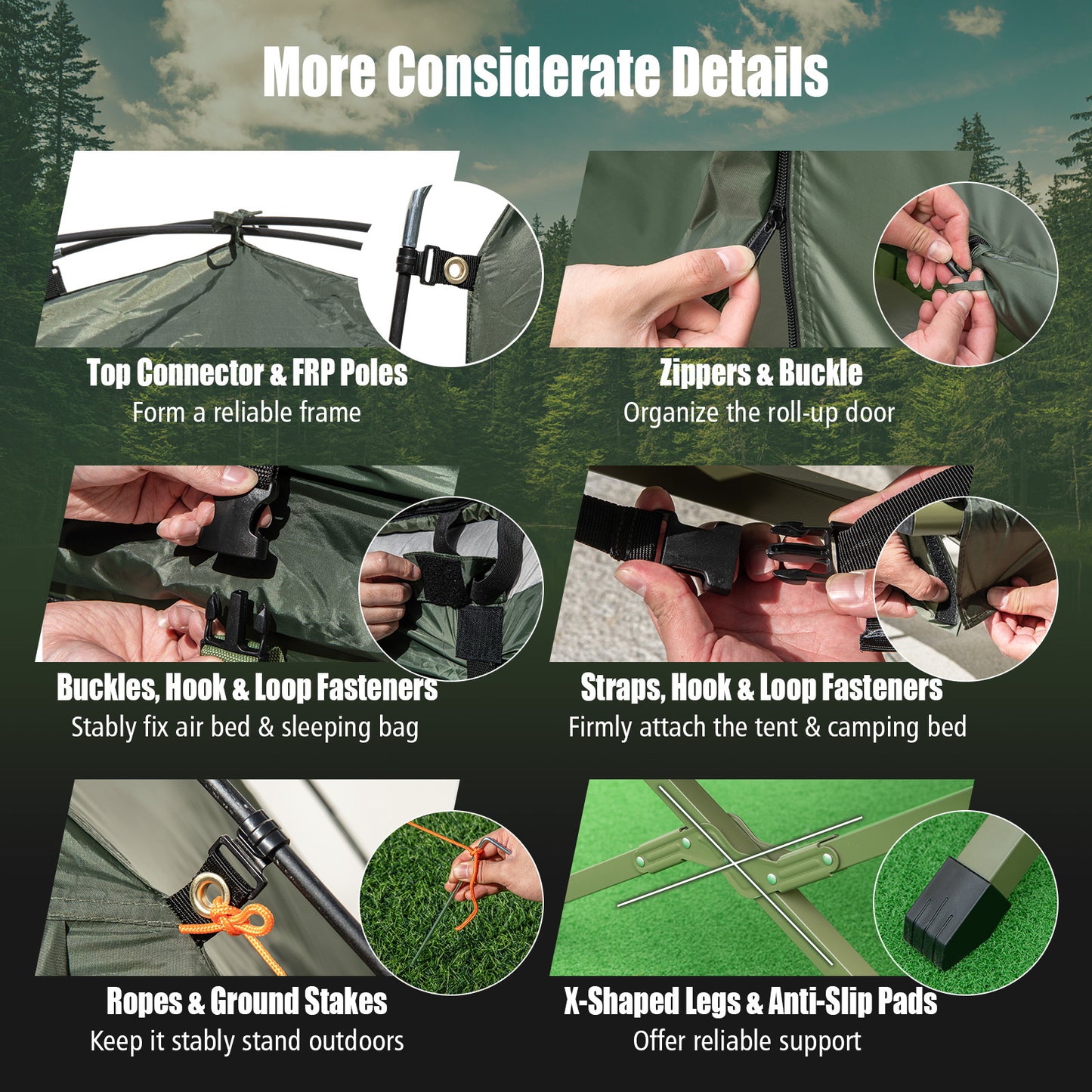 MULTIGOT Outdoor Foldable Camping Tent Cot - 5-in-1 Elevated Portable Single Sleeping Pad with Air Mattress, Pillow & Sunshade, Lightweight Hexagonal Design for Hiking, Travel, Picnic (Green), Camping Mattress, Picnic Gear, E