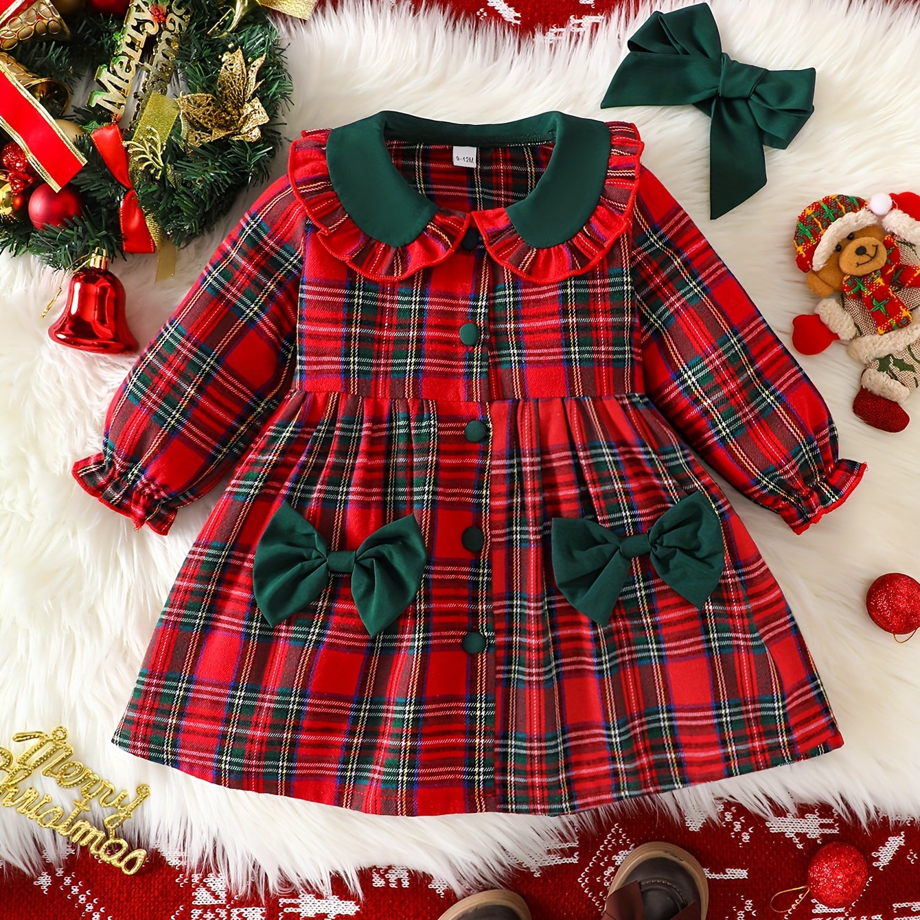 Red Plaid Christmas Party Dress with Detachable Headbow & Belted Waist - Long Sleeve A-Line Mid-Length Holiday Gown, Machine Washable Cute Outfit for Xmas Pageants, Family Photos & Winter Celebrations - Festive Gift for Young