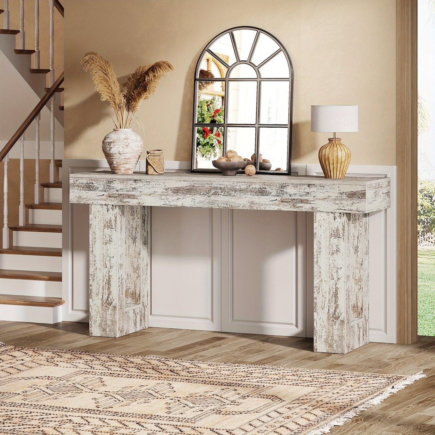63" Farmhouse Console Table, Natural Wooden Sofa Table Rectangular Accent Console for Entryway, Hallway & Living Room (Distressed White)