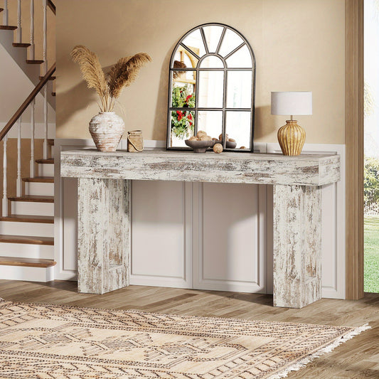 63" Farmhouse Console Table, Natural Wooden Sofa Table Rectangular Accent Console for Entryway, Hallway & Living Room (Distressed White)