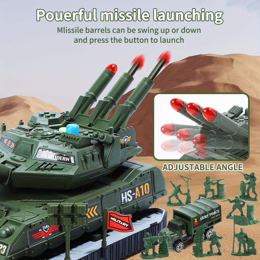 A Military Vehicle Set, Featuring Combat Tank Toys with Realistic Lights And Sounds, Includes 6 Mini Alloy Military Vehicles And Soldier Figurines, Making It a Perfect Gift for Kids.