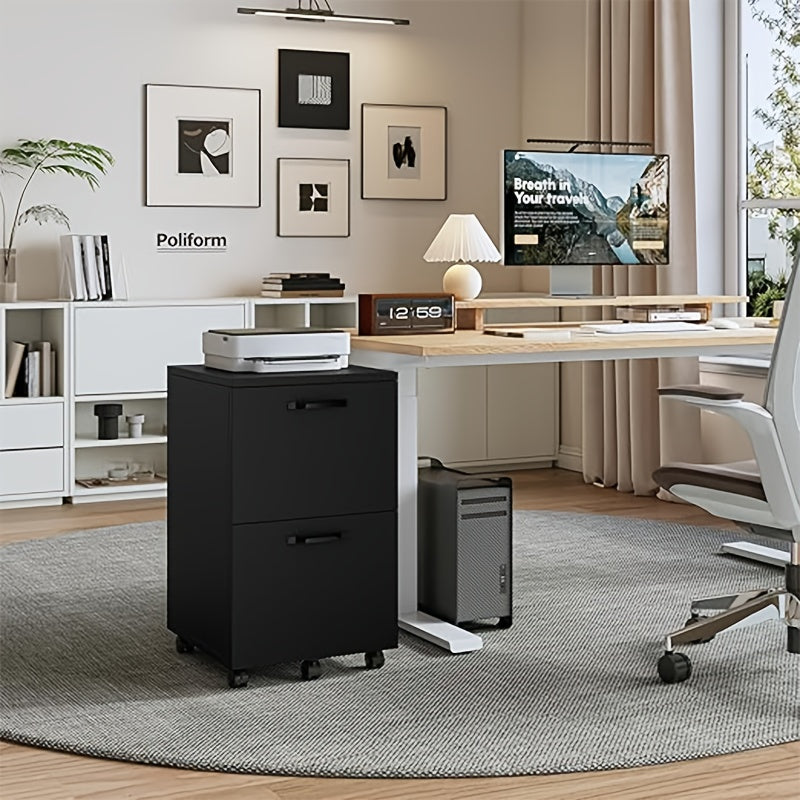 2 Drawer Filing Cabinet White, Rolling Wood File Cabinets with Printer Stand Under Desk Storage Lockable Wheels, Home Office Organizer for A4 Letter Legal Size Documents, Black/White