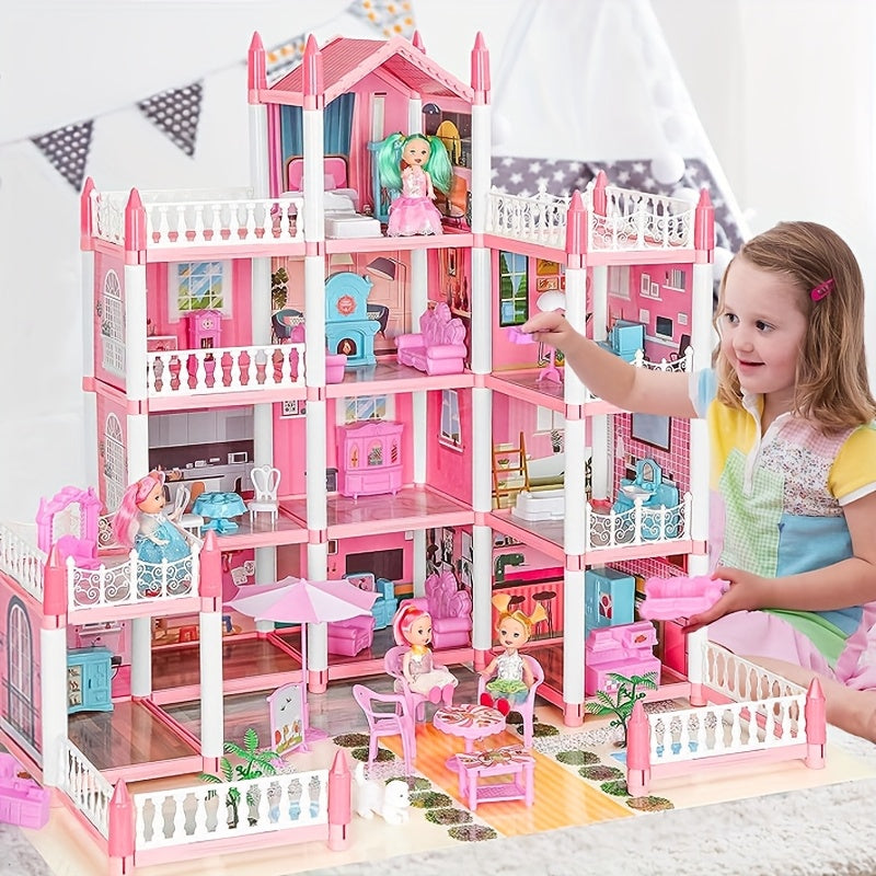 Doll House, Dollhouse for Girls Pretend-Play DIY Dollhouse Kit - 4-Story 11 Rooms Playhouse with 4 Dolls Toy Figures, Furniture And Accessories Set Gift Toy for Kids Ages 3 4 5 6 7 8+