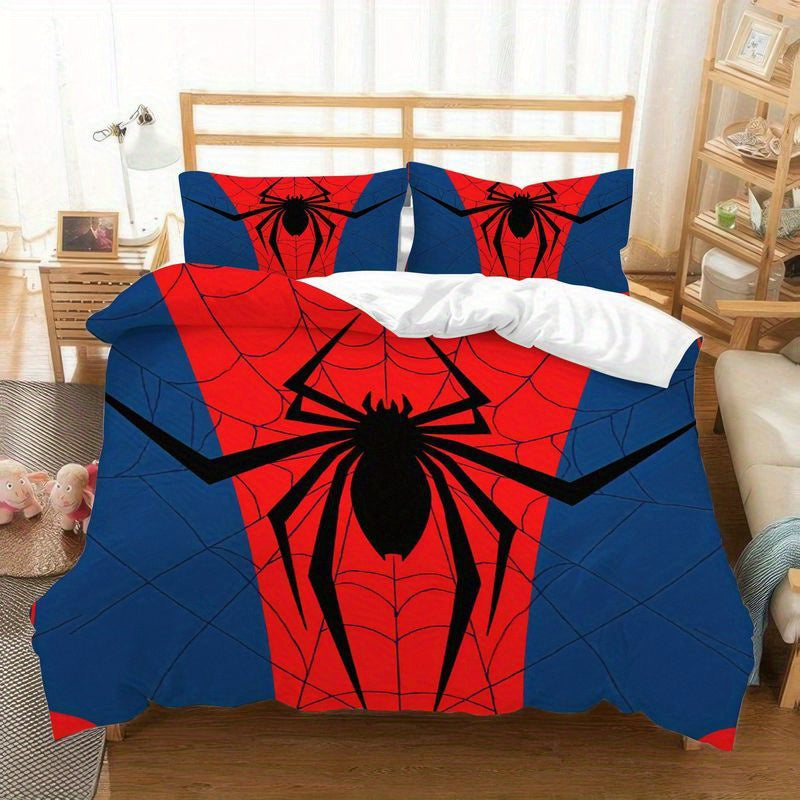 3pcs Spider Web Design Bedding Red Blue Duvet Cover, Trendy Modern Spidey Pattern Print Comforter, Cool Decorative Bedroom Collection Soft Microfiber Bed for Teen Room Home Decor 1 Duvet Cover+2 Pillowcases