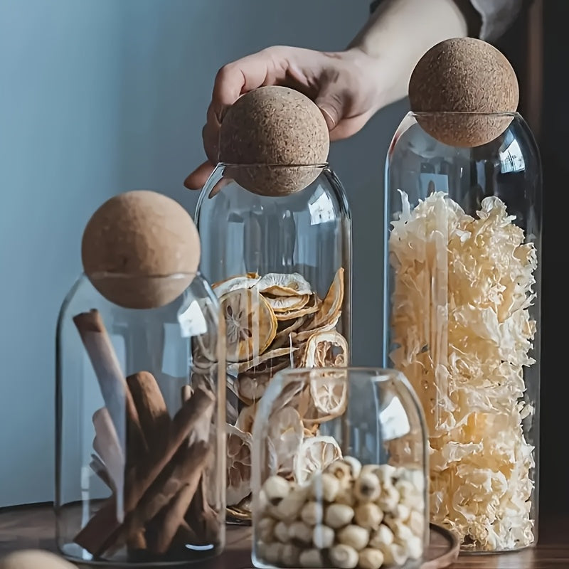 3pcs Glass Storage Container With Spherical Cork Stopper, 17 Oz/500ml Glass Jar, Perfect For Storing Tea, Flowers, Nuts, Candies, Etc. - A Must-have For Kitchen Organizing