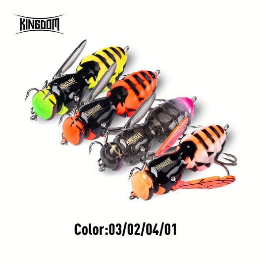 4pcs KINGDOM Floating Fishing Lures - Heavy-Duty ABS Hard Bass Bugs with Treble Hooks, Floating Fishing Baits in Orange/Black, Pink/Black, Yellow-Green/Purple - for Bass, Trout, Freshwater & Saltwater - Ideal for Beginners &
