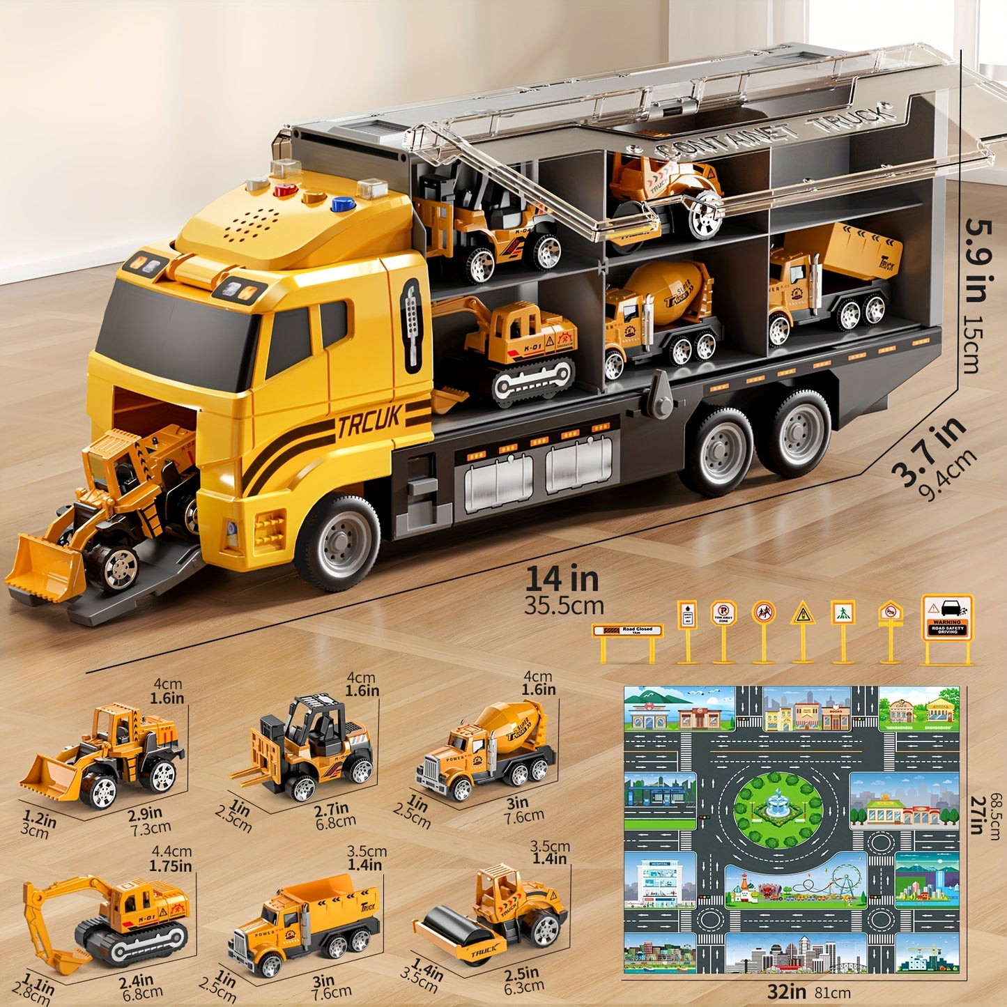 BABY HOME Die-cast 7-in-1 Construction Truck Toy for Aged 3-9 Kid Boys & Girls, Carrier Vehicle Toy Set with Play Mat,Christmas Birthday Gift