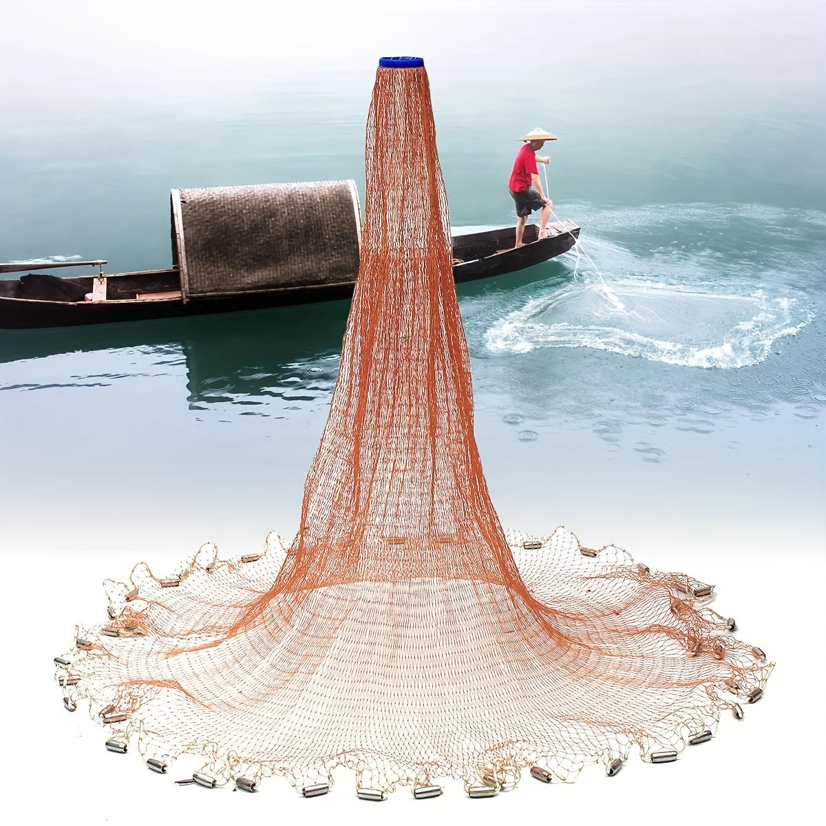 American Style Fishing Nets Strong Nylon Mesh Wire Net Dia. 2.4M 3.6M 4.8M Throw Net Cast Net for Saltwater Freshwater Fishing Trap with Zinc Sinker, Fishing gear and equipment