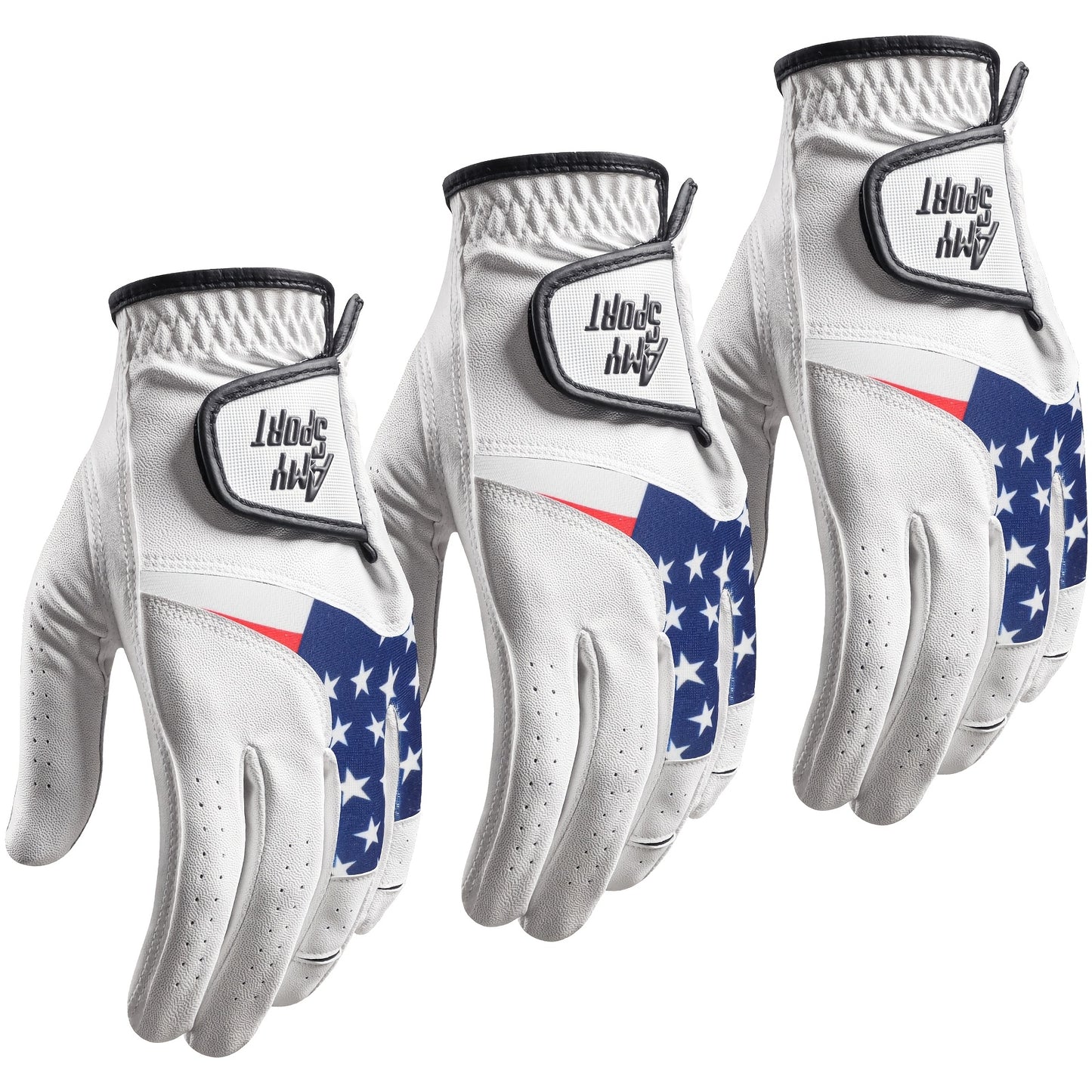 GKANDI Breathable Men's Golf Gloves Value 3 Pack for Left Hand, Stylish USA Flag Pattern with All Weather Grip for Reliable Swing Control, Fits A Range Of Sizes From S to XL