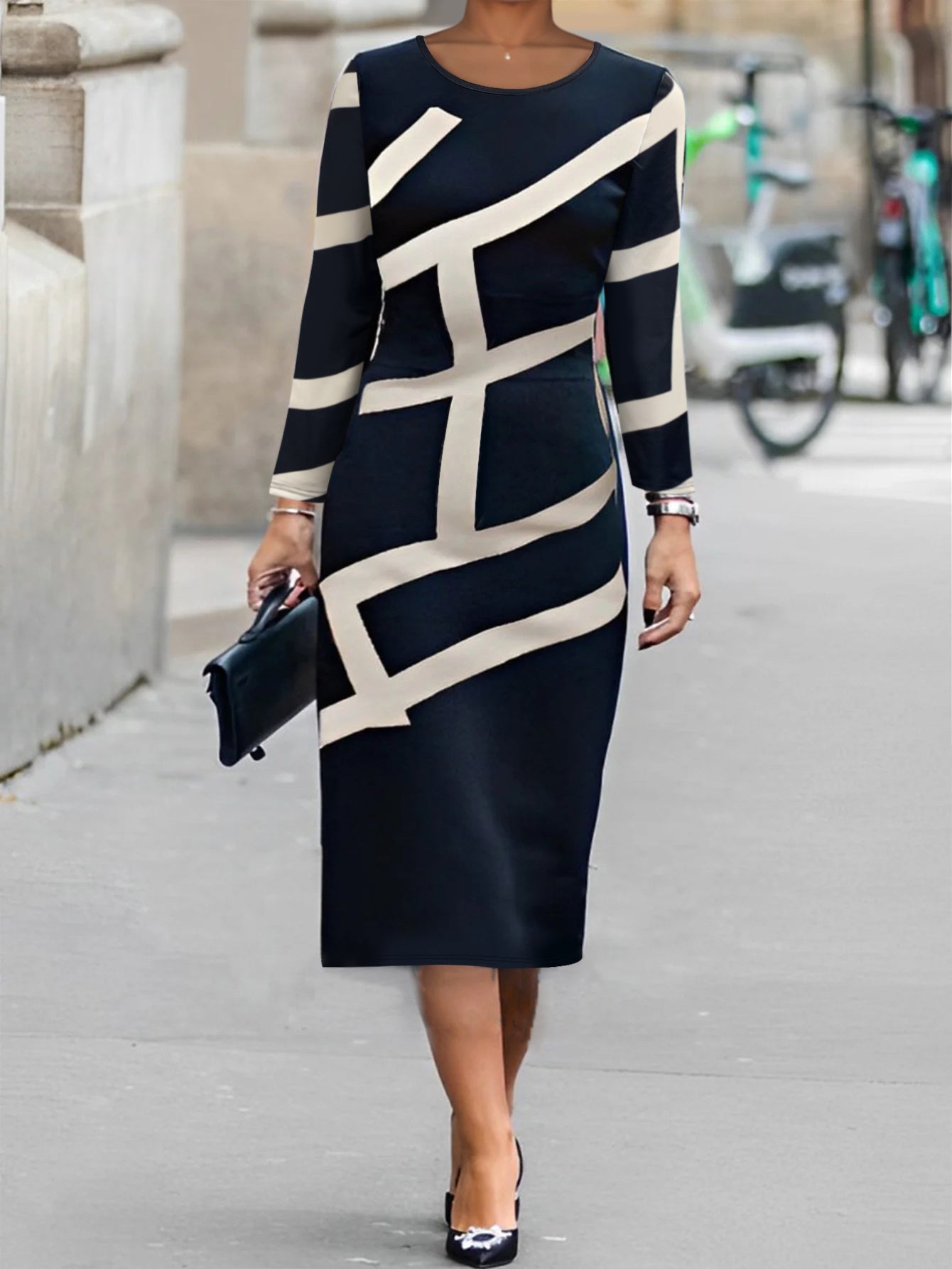 Plus Size - Women'S Plus Size Elegant Striped Midi Dress - Navy Blue & Beige Round Neck Long Sleeve, Machine Washable, Perfect for Office to Casual Spring/Autumn Wear, Formal Attire, Chic Fashion, Formal Attire | Chic Striped