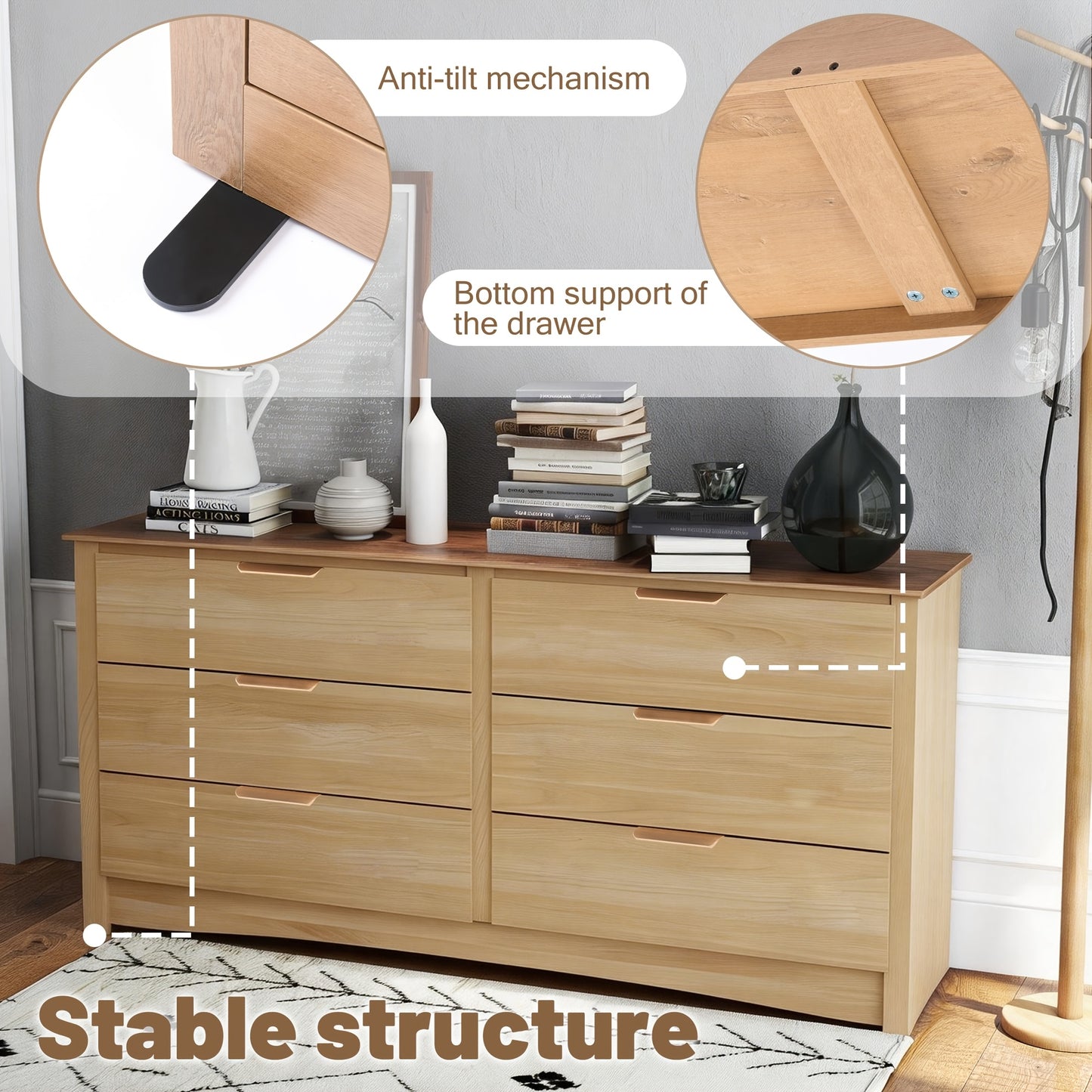 Multifunctional 6-Drawer TV Stand Dresser & Closet Combo - 59-Inch Wide Media Console with Storage Organizer, Wood Color (No Wood), Metal Frame Dresser Suitable for Bedroom, Entryway - Assembly, Space-Saving Furniture