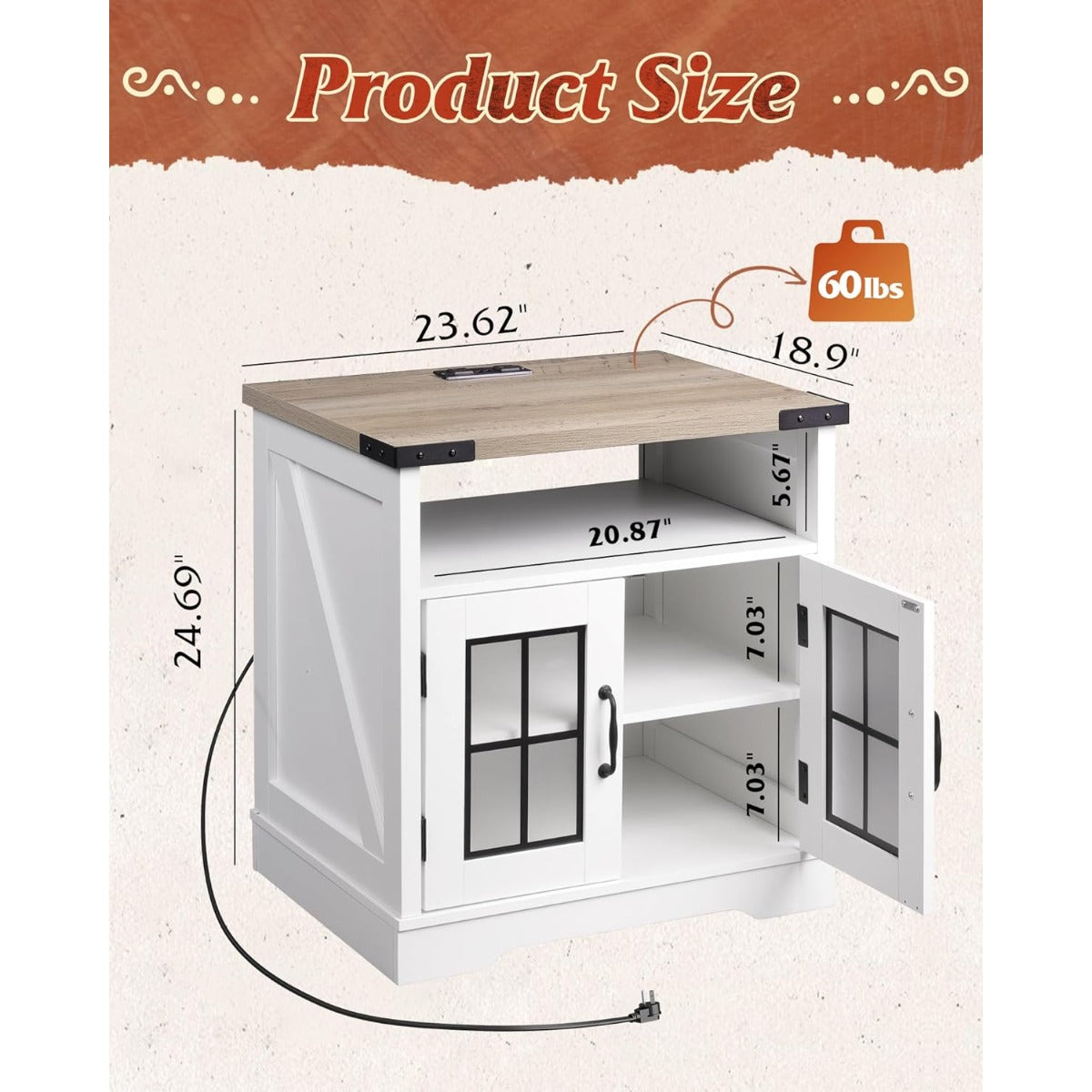 Modern Farmhouse End Table with Charging Station & LED Nightstand - Adjustable Shelf, White Wood Bedside Table for Bedroom/Office/Living Room, Portable Side Table with Plug (125V), Assembly Required