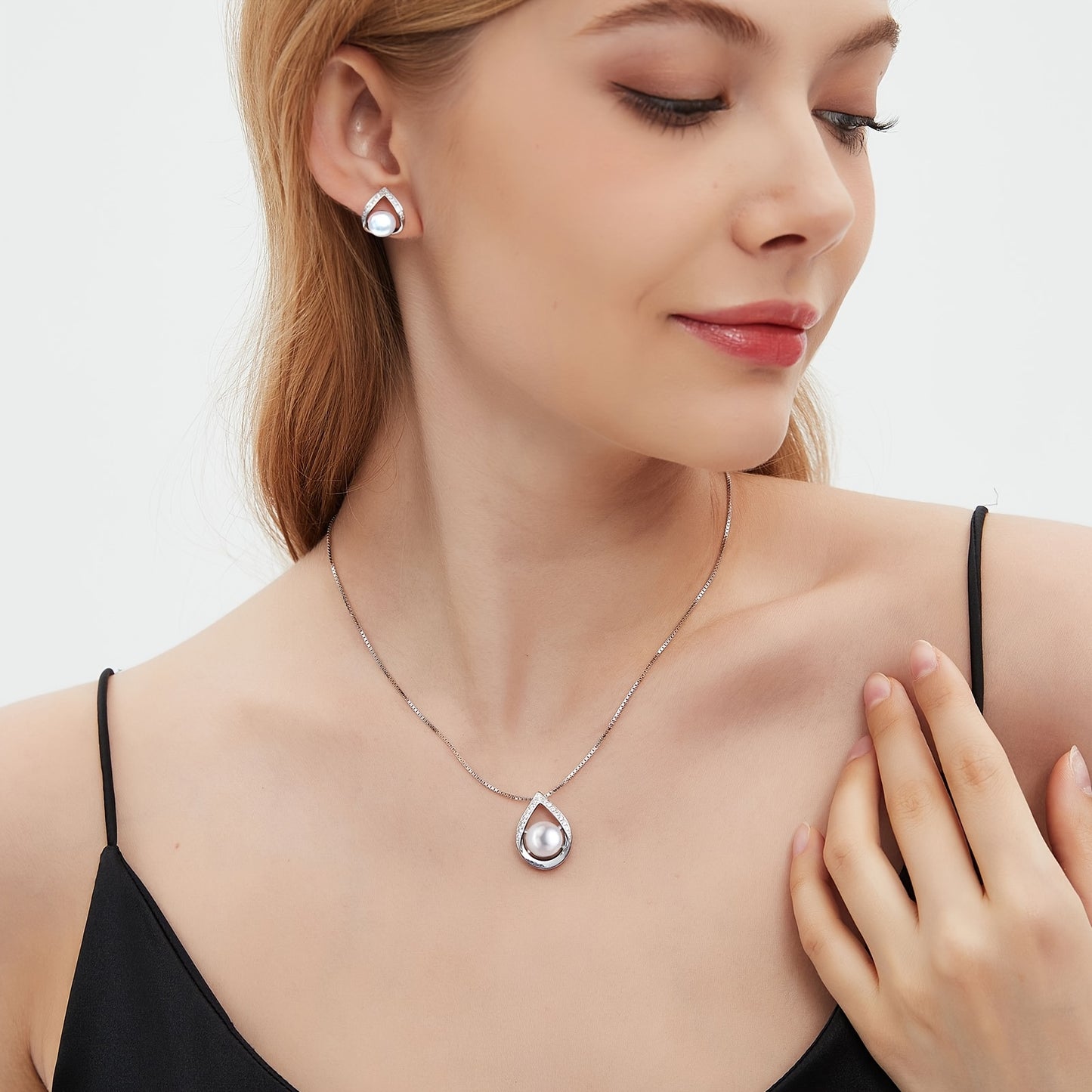 S925 Elegant Teardrop Style Cultured Black Pearls Necklace And Earrings Set