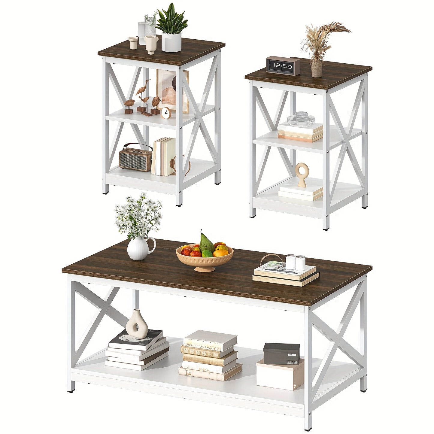 WuuFii 3pcs Living Room Table Set, Industrial Coffee Table with 2 Square End Side Tables, Coffee Table Set with Metal Frame for Apartment Home Office, Rustic Brown
